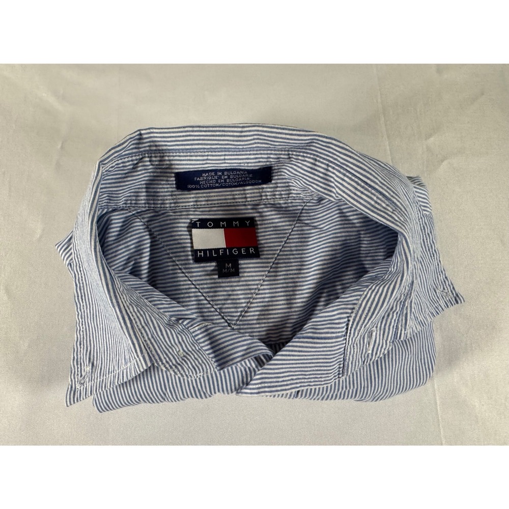 Tommy Hilfiger Mens Blue White Striped Cotton Button Down Shirt Crest Logo M